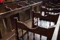 Rows of Church benches with sunlight close-up Royalty Free Stock Photo