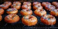 Rows of classic sugar glazed donut doughnut with colourful sprinkles on cooling baking rack on dark concrete background Royalty Free Stock Photo
