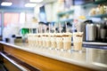 rows of coffee shakes ready for service in a caf