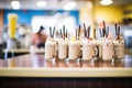 rows of coffee shakes ready for service in a caf