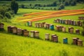 rows of colorful beehives in lush green field