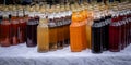 Colorful bottles of homemade alkohol tincture on the table.