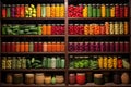 rows of colorful canned fruits and vegetables on wooden shelves