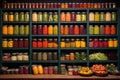 rows of colorful canned fruits and vegetables on wooden shelves