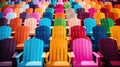 Rows of colorful chairs create a lively and dynamic scene, a burst of chromatic harmony, Ai Generated