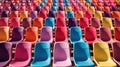 Rows of colorful chairs create a lively and dynamic scene, a burst of chromatic harmony, Ai Generated