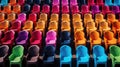 Rows of colorful chairs create a lively and dynamic scene, a burst of chromatic harmony, Ai Generated