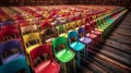 rows of colorful chairs. A row of colorful chairs on the stadium stand. Colorful seats generative ai