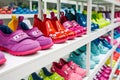 rows of colorful childrens shoes on white display shelves Royalty Free Stock Photo