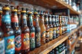 Variety of craft beer bottles on wooden shelf