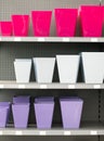 Rows of colorful flowerpots in a nursery shop Royalty Free Stock Photo