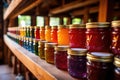 rows of colorful homemade jams and jellies