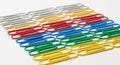Rows of colorful paper clips arranged in a diagonal pattern on a white surface. The rows feature Royalty Free Stock Photo