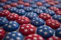 Rows of colorful star-spangled buttons close up