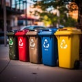 Rows of colorful trash cans