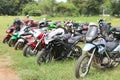 Rows of colourful parked motorbikes on green grass