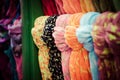 Rows of colourful silk scarfs hanging at a market stall in Istanbul, Turkey Royalty Free Stock Photo