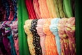 Rows of colourful silk scarfs hanging at a market stall in Istanbul, Turkey Royalty Free Stock Photo