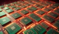 Rows of computer chips on a circuit board glow with intense orange light, emphasizing computing power.