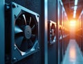 Rows of computer servers with cooling fans in data center. Equipment operates in server room with bright LED lighting. Technology Royalty Free Stock Photo