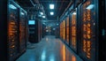 Rows of computer servers, featuring mix of vintage, modern units. Server room contrasts old, new tech, representing evolution of Royalty Free Stock Photo