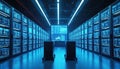 Rows of computer servers glow with blue light in modern data center. Screens show data charts, graphs, indicating network Royalty Free Stock Photo