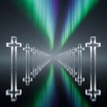 Rows of crosses under colorful aurora borealis night sky view Royalty Free Stock Photo