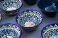 Rows of cups with traditional uzbekistan ornament, Bukhara, Uzbekistan, Silk Road Royalty Free Stock Photo