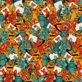 Rows of Cute Colorful Robots in green, orange, yellow and reddish colors in an overall setting