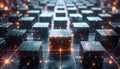 Rows of dark digital cubes with glowing orange data lines on a grid surface abstract background Royalty Free Stock Photo