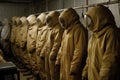 Rows of deserted radiation suits, like a ghostly army, stand at in a storage facility. Reminder of the dangers of radiation and a