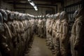 Rows of deserted radiation suits, like a ghostly army, stand at in a storage facility. Reminder of the dangers of radiation and a