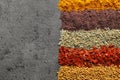 Rows of different aromatic spices on gray background