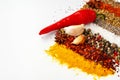 Rows of different spices on white background Royalty Free Stock Photo