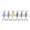 Rows of diverse stick figure symbol people and couples hold hands