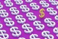 Rows of dollar sign of white color and one of yellow on violet background Royalty Free Stock Photo