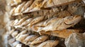 Rows of dried fish on shelves. Royalty Free Stock Photo