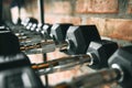 Rows of dumbbells. Close up of many black metal dumbbells on rack at gym Royalty Free Stock Photo