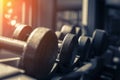 Rows of dumbbells in the gym with hign contrast and monochrome c