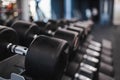 Rows of dumbbells on rack in gym. Royalty Free Stock Photo