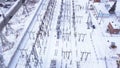 Rows of electric poles of substation. Action. Top view of small electrical substation with rows of transformers in