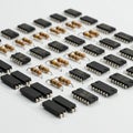 Rows of electronic components, including black integrated circuits (ICs) and Royalty Free Stock Photo