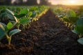 Rows of Emerging Soybean Plants at Sunset Royalty Free Stock Photo