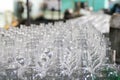 rows of empty bottles at bottling plant with swallow depth of field Royalty Free Stock Photo