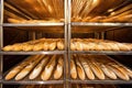 rows of empty metallic shelves inside the baguette oven