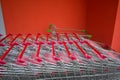 Rows of empty metallic supermarket carts