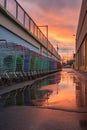 rows of empty shopping carts outside supermarket entrance