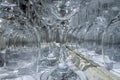 Rows of empty wine glasses close up. Glass goblets on the white table Royalty Free Stock Photo