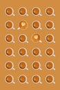 Rows of Espresso Coffees with Heart Shaped Latte Art Cappuccinos on Brown Background Royalty Free Stock Photo