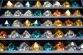 rows of finished diamonds in a storage tray